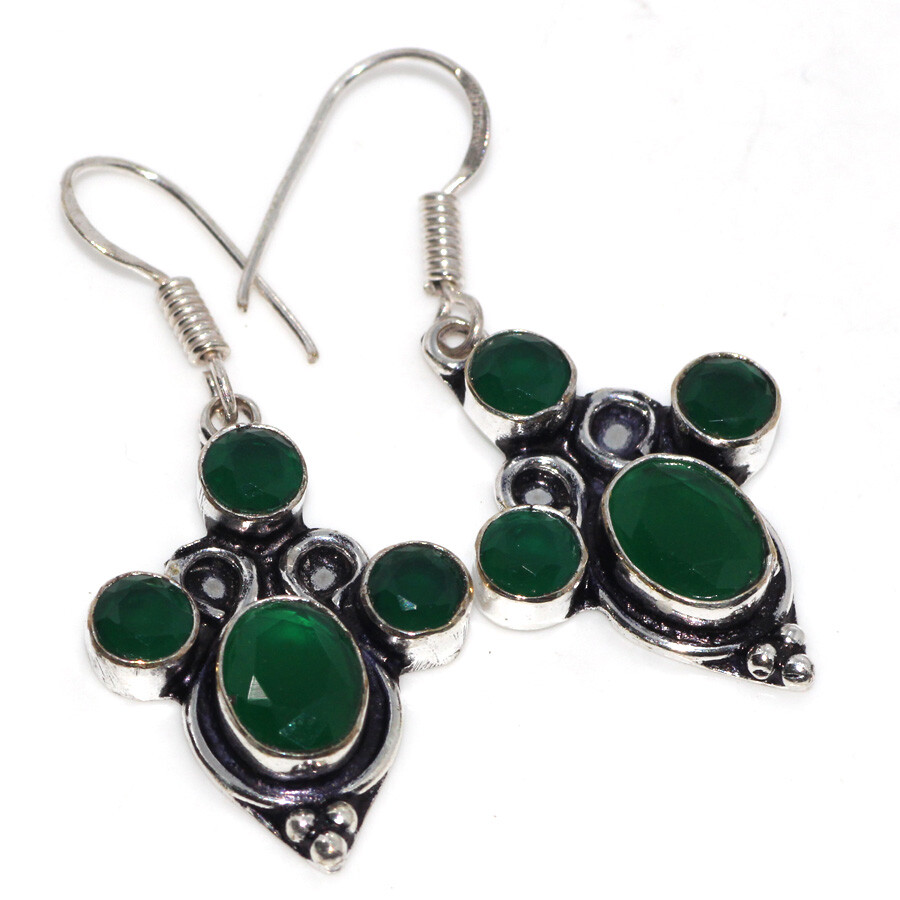 925 Silver Plated-Green Onyx Ethnic Earrings Gemstone Handmade Jewelry 1.7