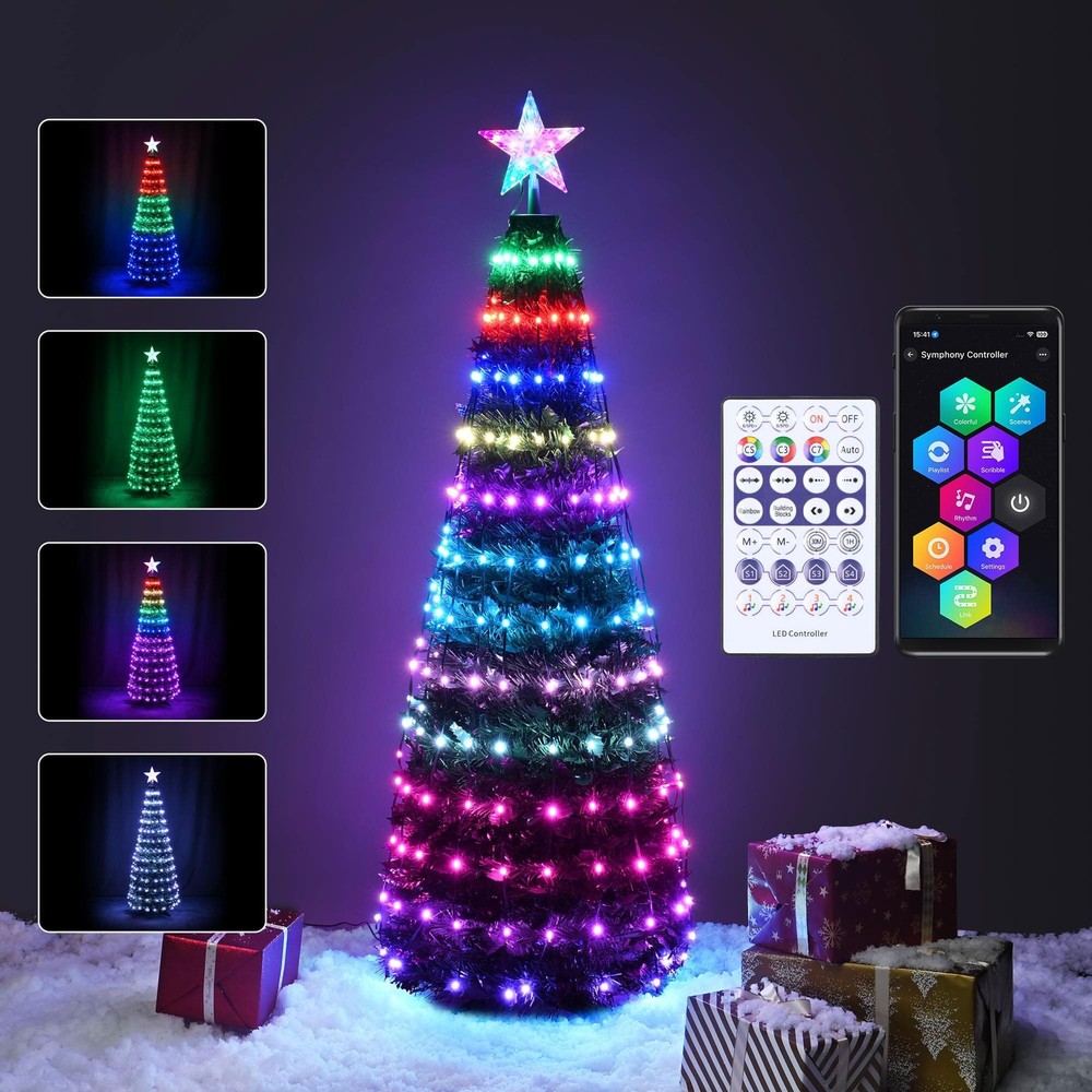 5Ft Smart Christmas Cone Tree Lights 25 Modes Bluetooth Smart App Control Mus...
