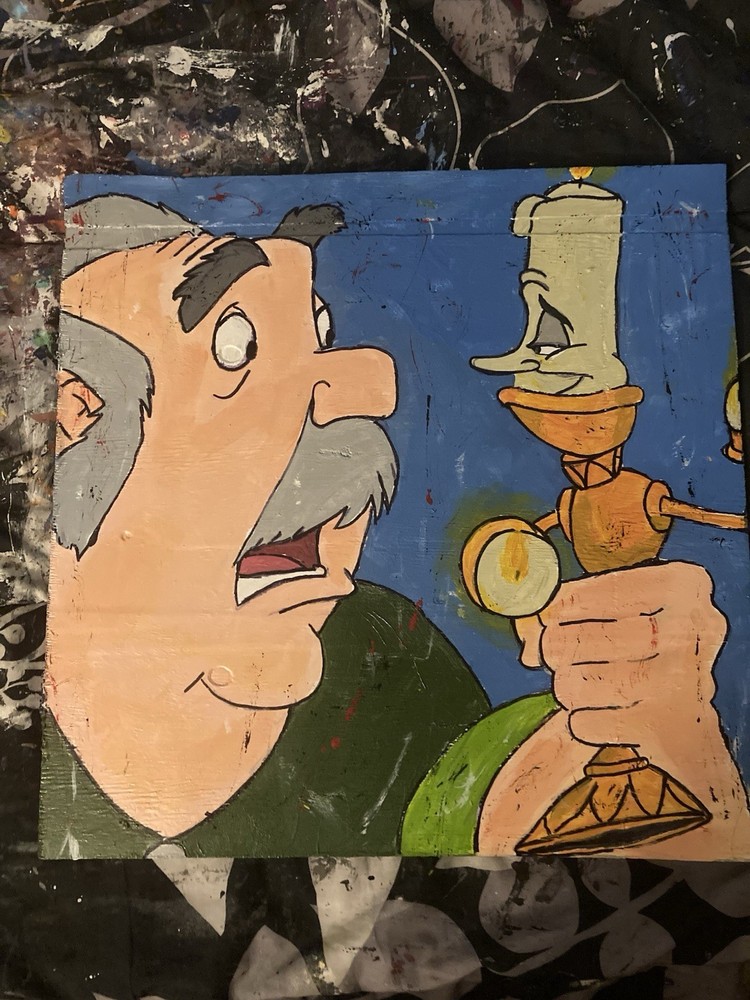 Disney Beauty and the Beast Maurice and Lumiere Painting Scene Art