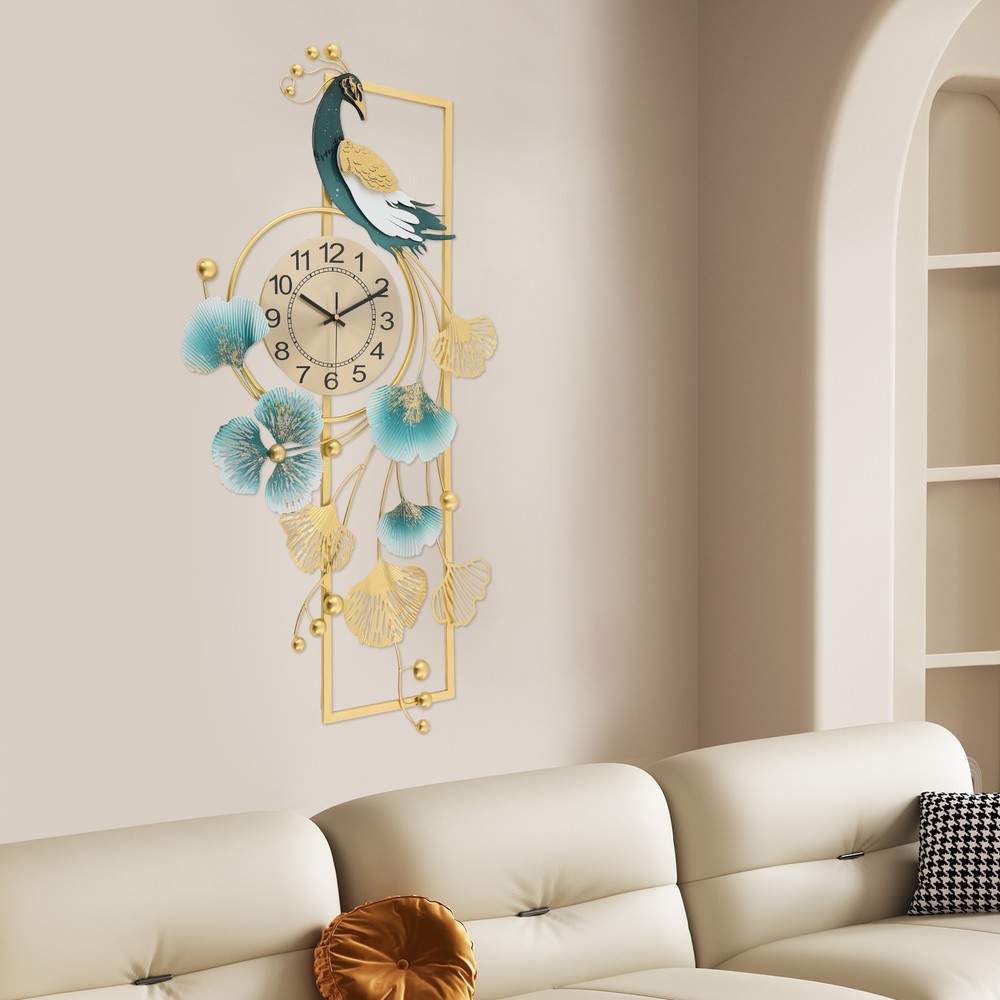 Peacock & Ginkgo Leaves Wall Clock, Modern Wall Clock