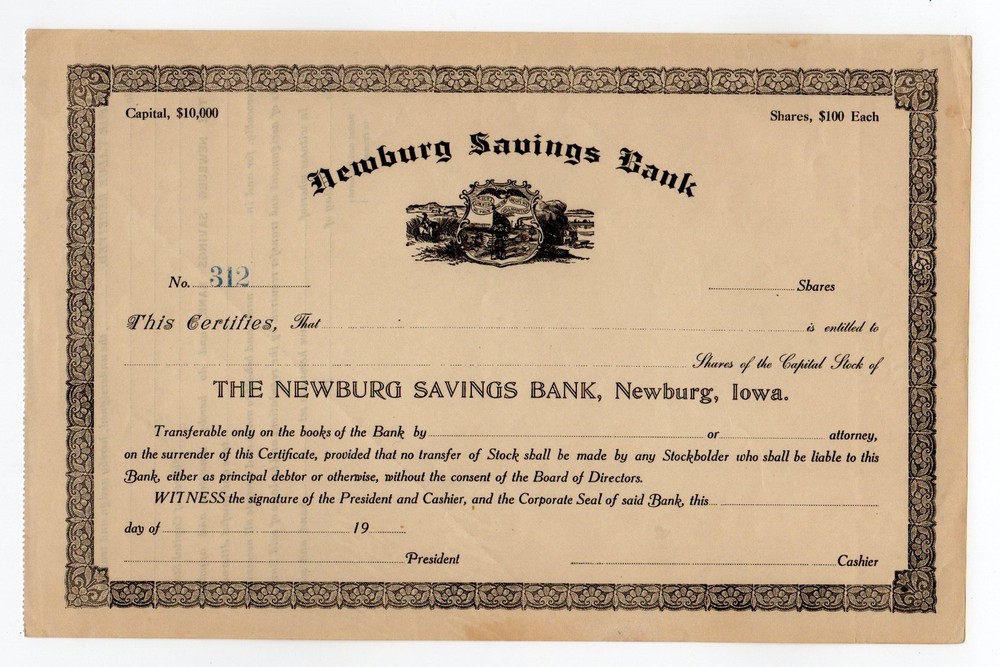 Newburg Savings Bank Stock Certificate
