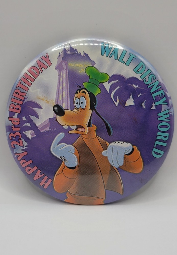 1994 Walt Disney World Happy 23rd Birthday button pin Goofy Tower of Terror RARE