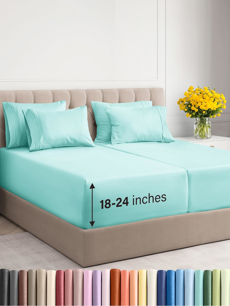 Extra Deep Split King 7-Piece Cooling Luxury Sheet Set in Spa Blue