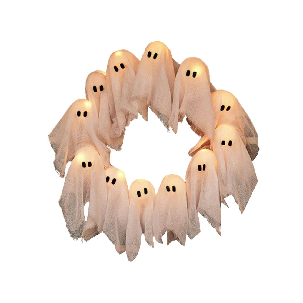 Spooky LED Ghost Wreath for Halloween Door and Wall Decor 16 Inch