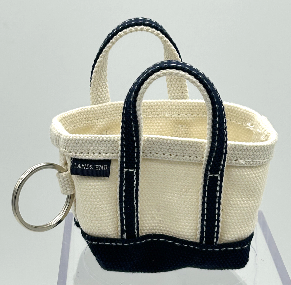 Lands End Mini Tote Bag Keychain in Cream White Blue Heavy Canvas with Circle Ring  
