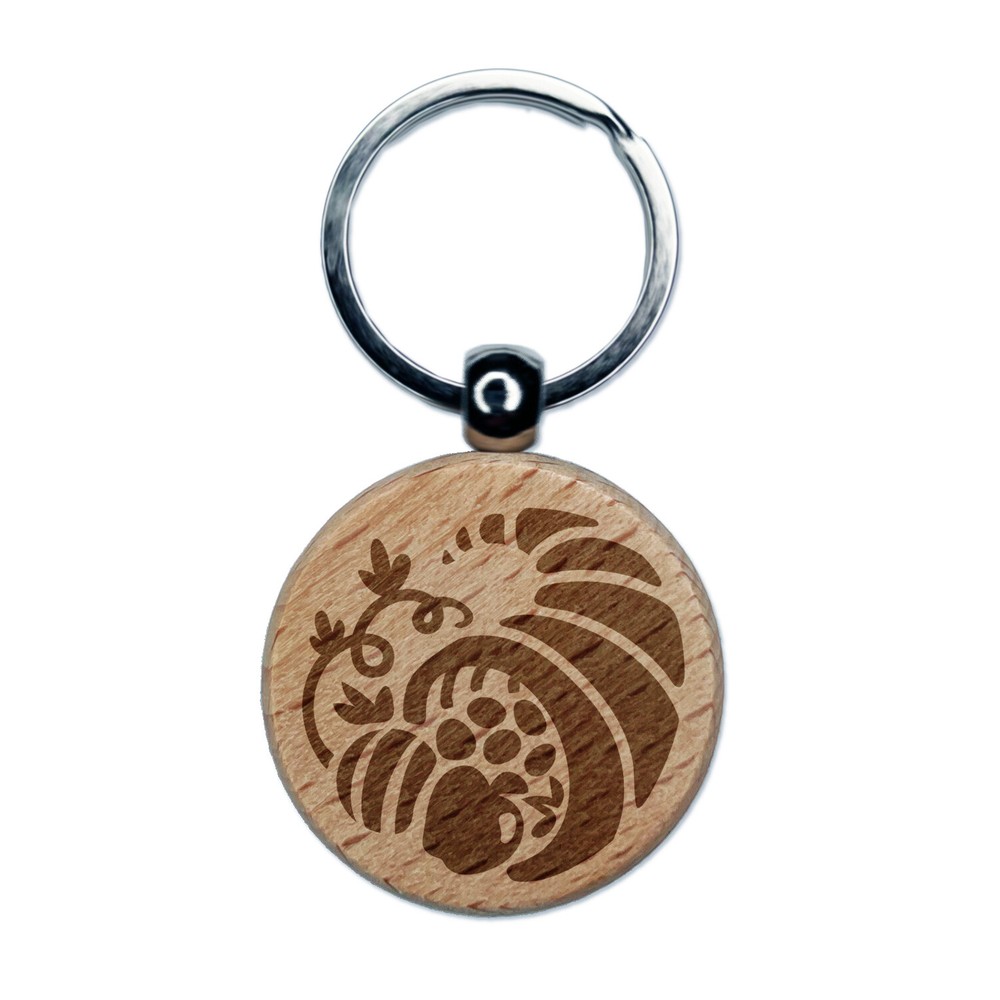 Thanksgiving Fall Cornucopia Engraved Wood Round Keychain Tag Charm