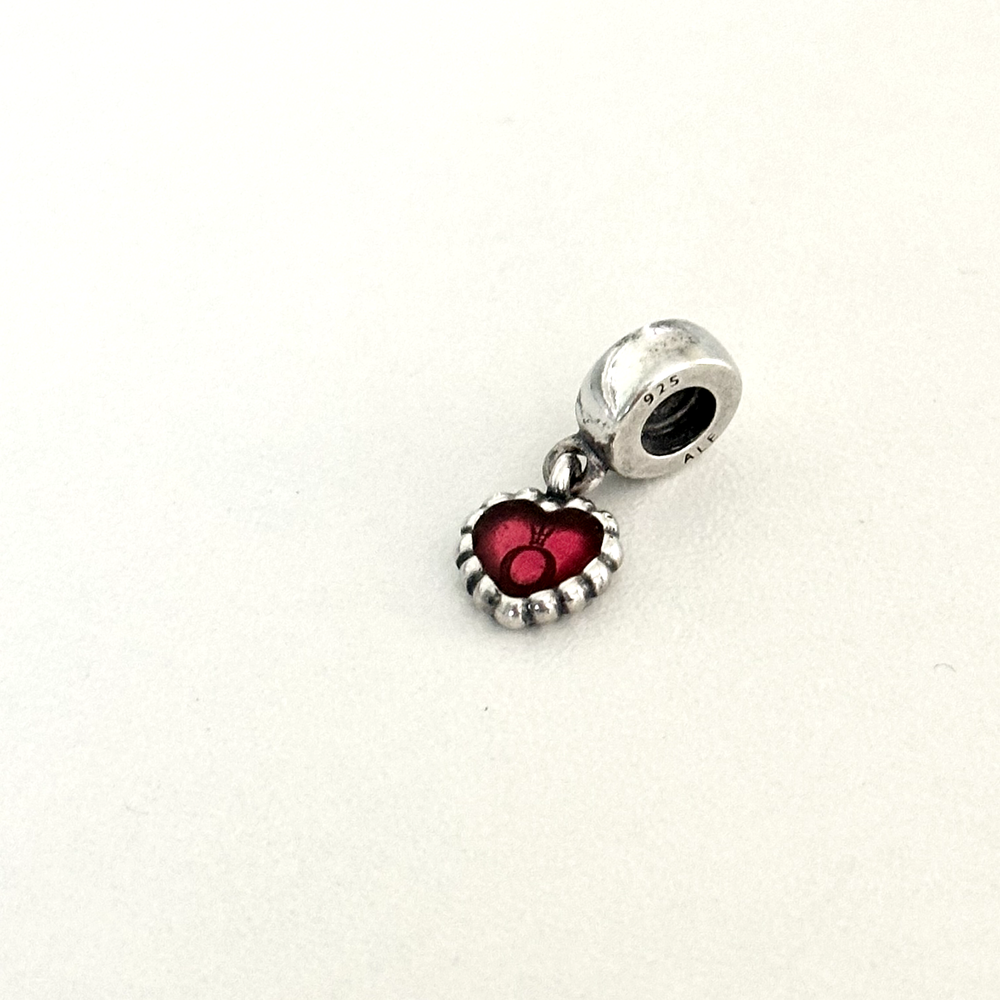 Pandora Retired Red Fuchsia Enamel Heart Charm in 925 Sterling Silver