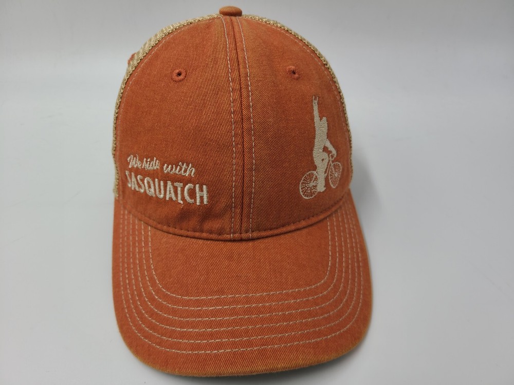 We Ride With Sasquatch Legacy Mesh Trucker Snapback Hat Cap Bigfoot Orange Beige
