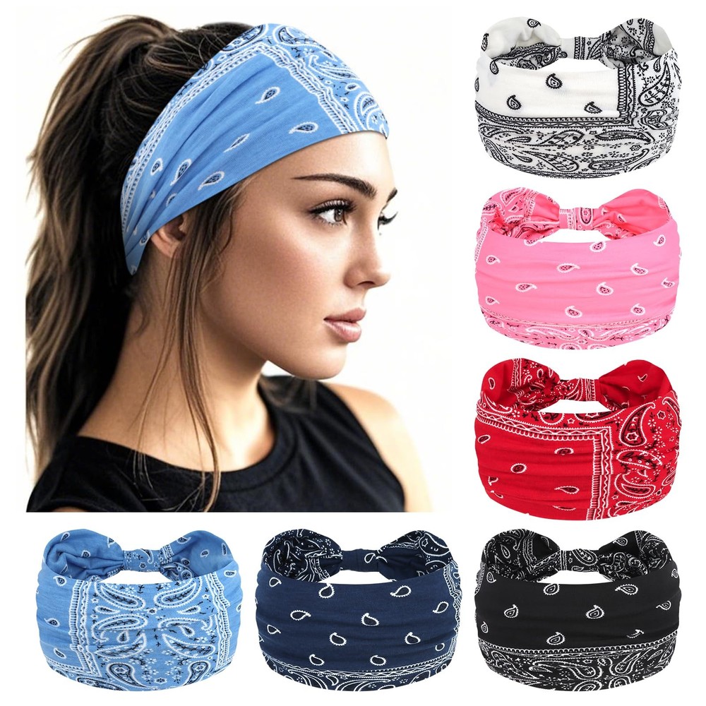 6 Pack Boho Wide Bandana Headbands for Women Stretch Knotted Yoga Workout Wrap
