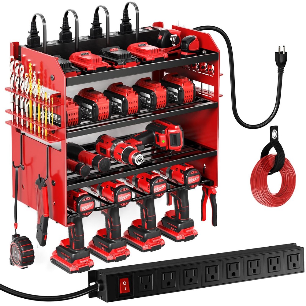 Wall-Mounted Power Tool Organizer with 8-Outlet Charging Station
