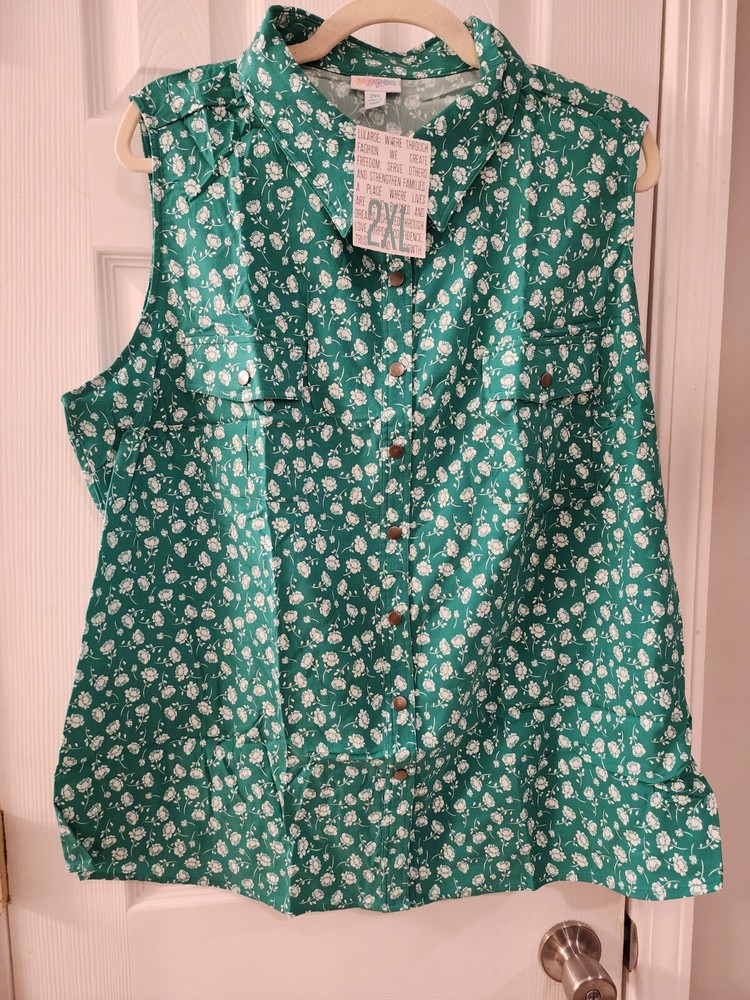 Lularoe Roxanne Green Floral Print Snap Button Front Vest 2XL