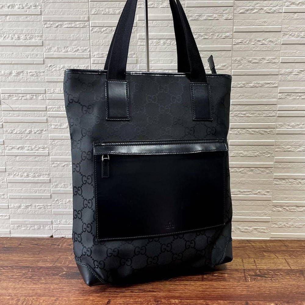 Gucci GG Canvas Leather Nylon Tote Bag Black Classic Pre-Owned