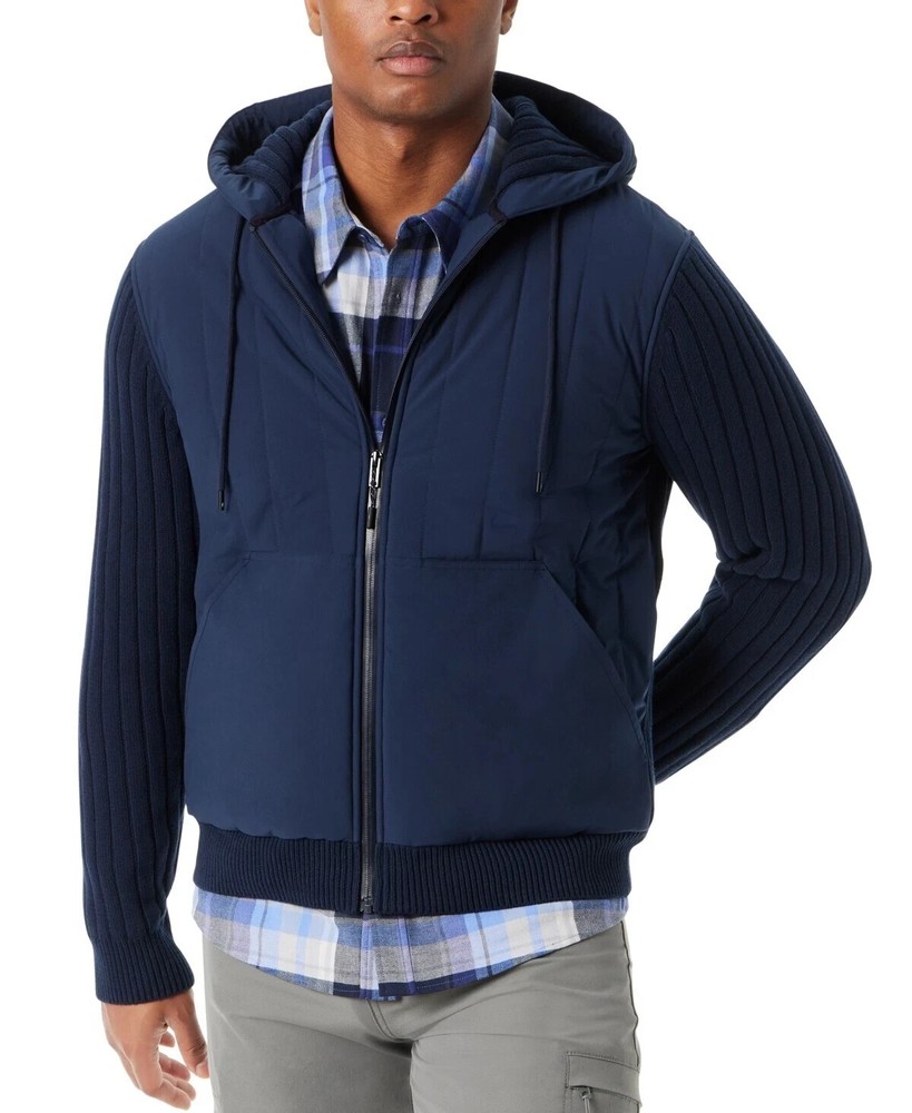 BASS OUTDOOR Men's Mixed Media Zip-Front Hooded Sweater Jacket,  Navy,  L