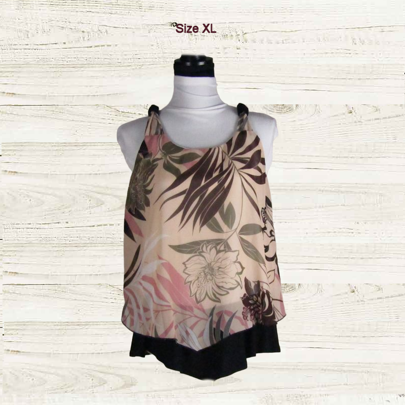 Womens top blouse size XL layered black with brown prints sleeveless euc