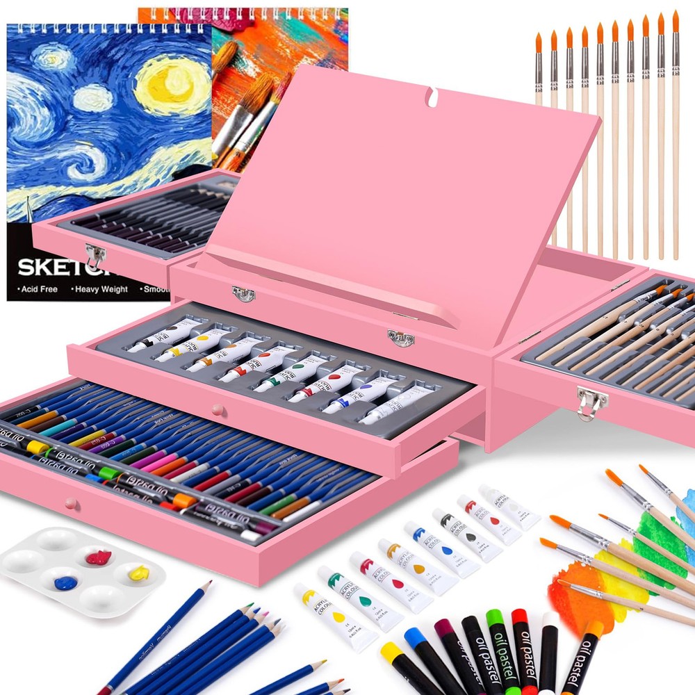 Art Set 85 Piece with Built-in Wooden Easel, 2 Drawing Pad, Art Supplies in P...