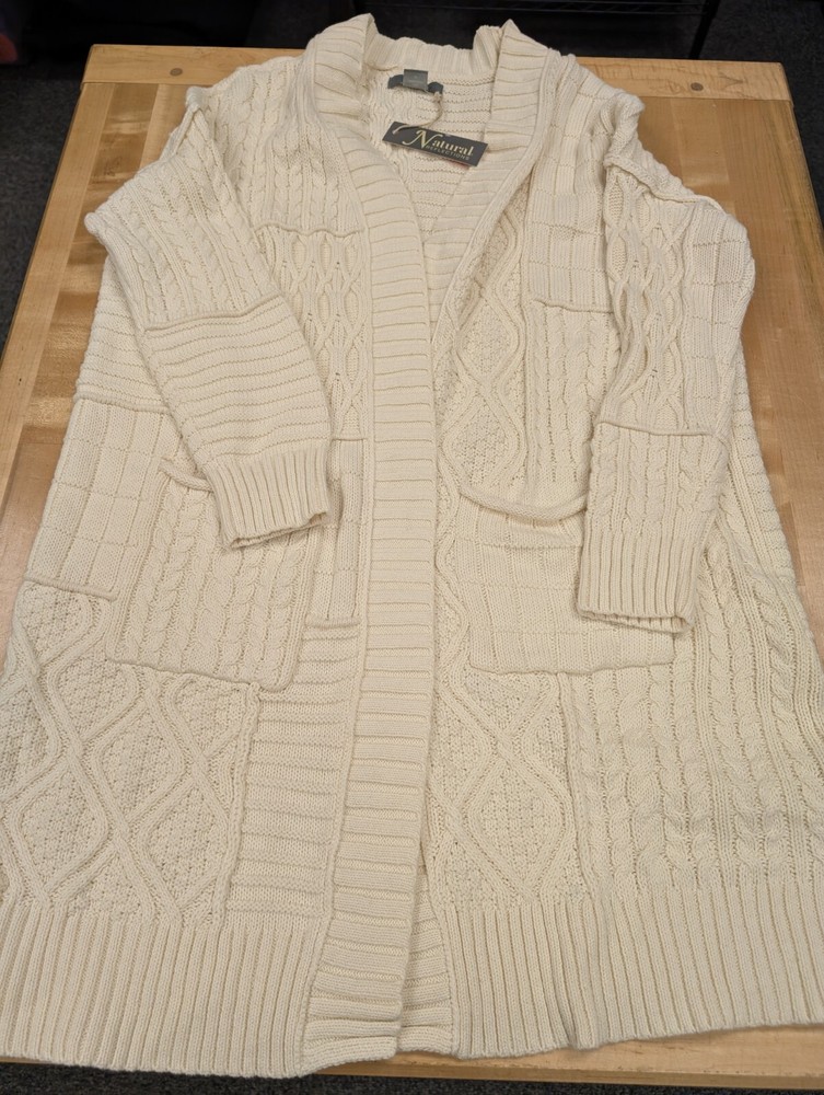 Natural Reflections Mixed Stitch Long Cardigan Sweater Women's Medium DEFECT