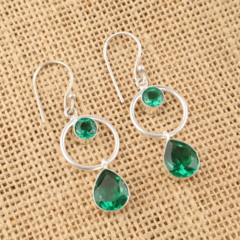 Green Emerald Stone 925 Sterling Silver Daughter Dangling Bezel Ethnic Earrings