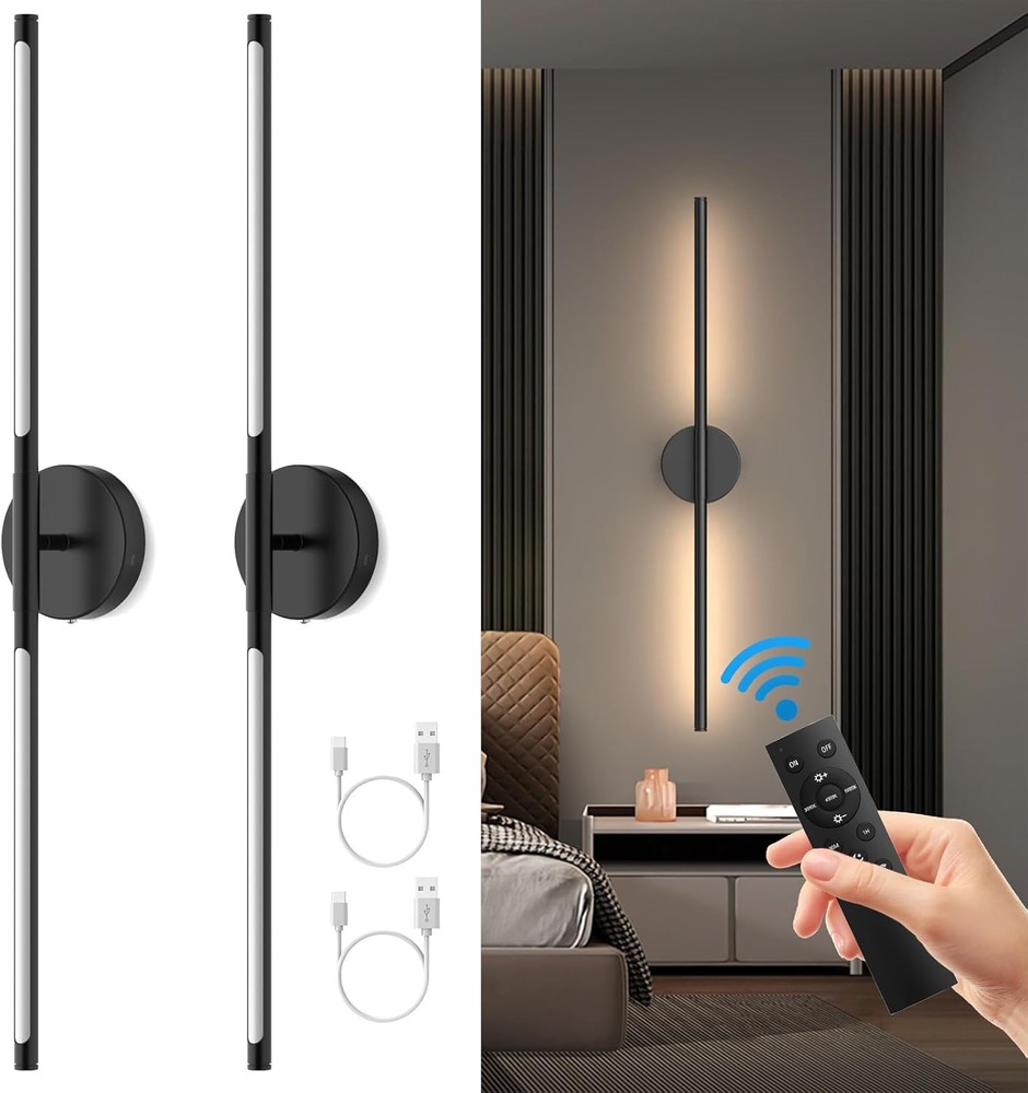 Battery Operated Wall Sconces Set of Two, Rechargeable Lights with Black
