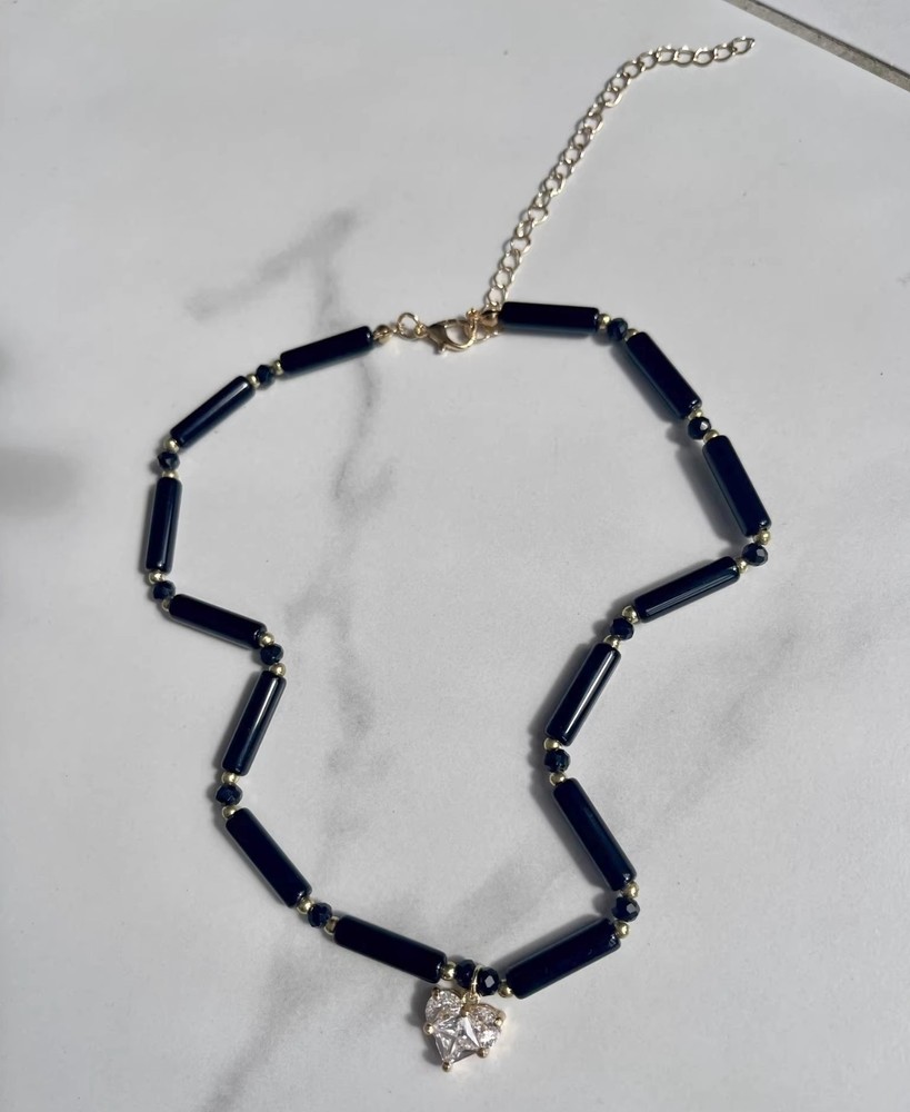 Elegant Black Glass Long Chain Link Heart Pendant Fashion Choker Necklace