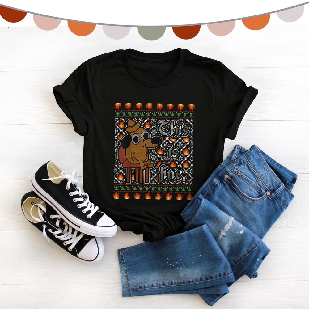This Is Fine Dog Meme Funny Ugly Christmas Pattern Holiday T-Shirt