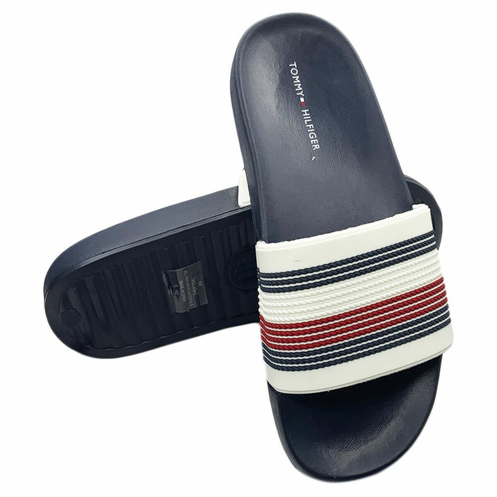NWT Tommy Hilfiger Womens White Navy Slip On Slides Sandals Size 7 8