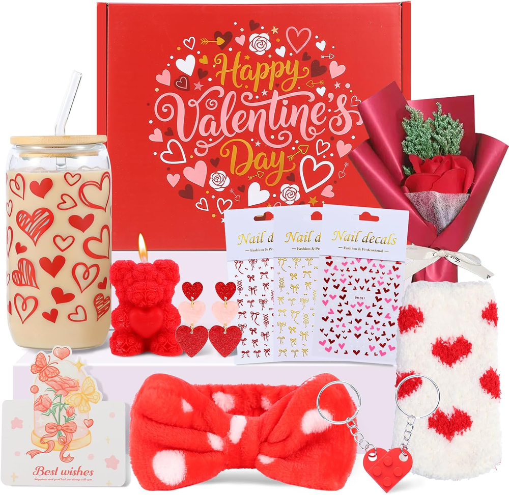 Valentines Day Gifts for Her Basket - 11Pcs Valentines Basket for Women, Red Gi