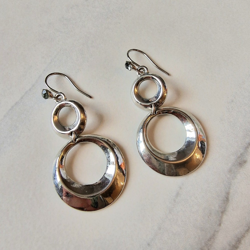 Silver Open Circle Hoop Drop Earrings with Grey Rhinestones