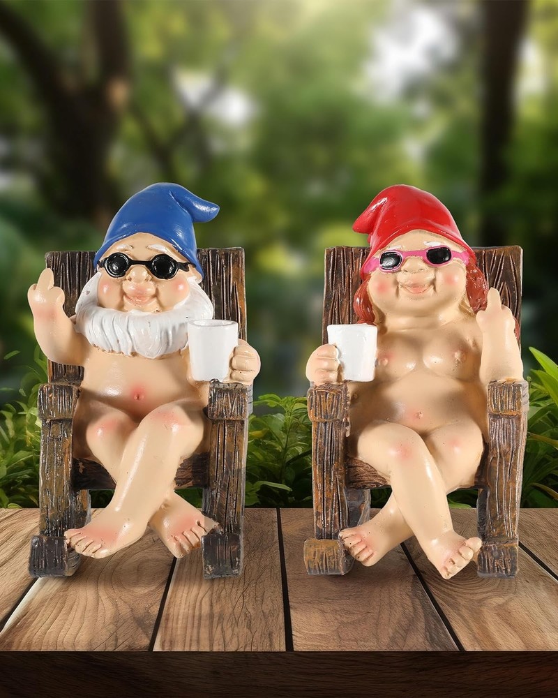 Funny Gnome Statues with Middle Finger - 2 Pack Resin Rocking Chair Decor
