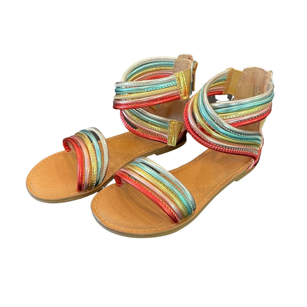 Metallic Rainbow Ankle Strap Sandals with Gold Zipper for Girls Size 1