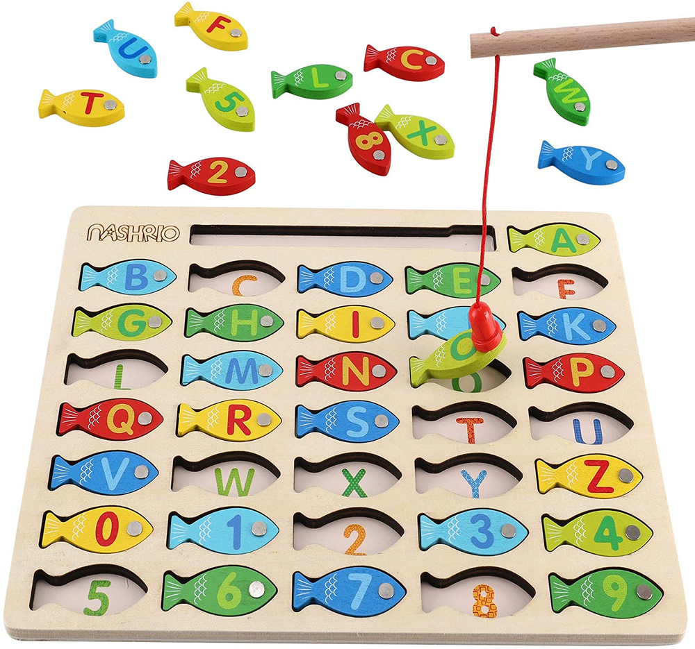 Magnetic Wooden Fishing Game Toy for Toddlers, Alphabet Fish Catching Counting G