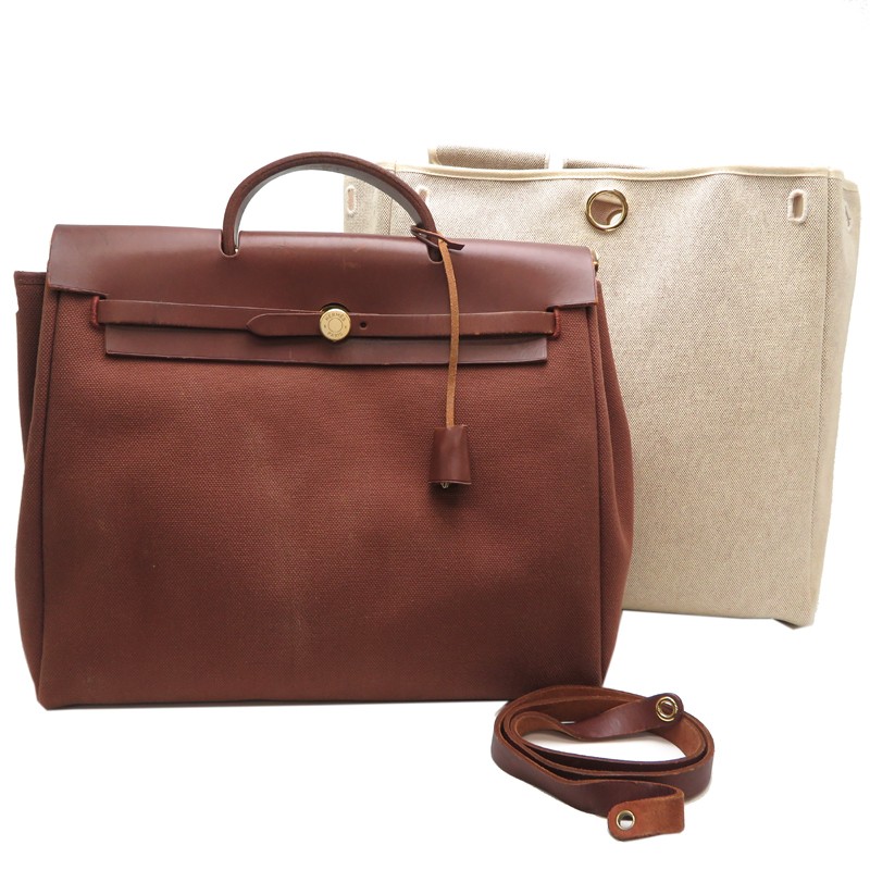 HERMES F Engraved 2002 Herbag MM Tote in Light Brown with Replacement Canvas