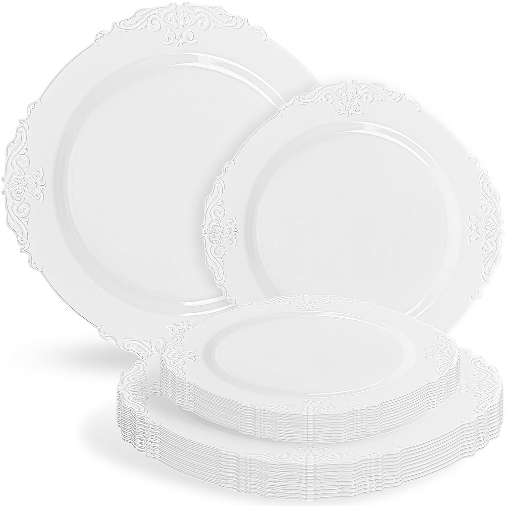 Victorian White Embossed Plastic Plates 7.5 & 10.25 Inch Disposable Dinnerware