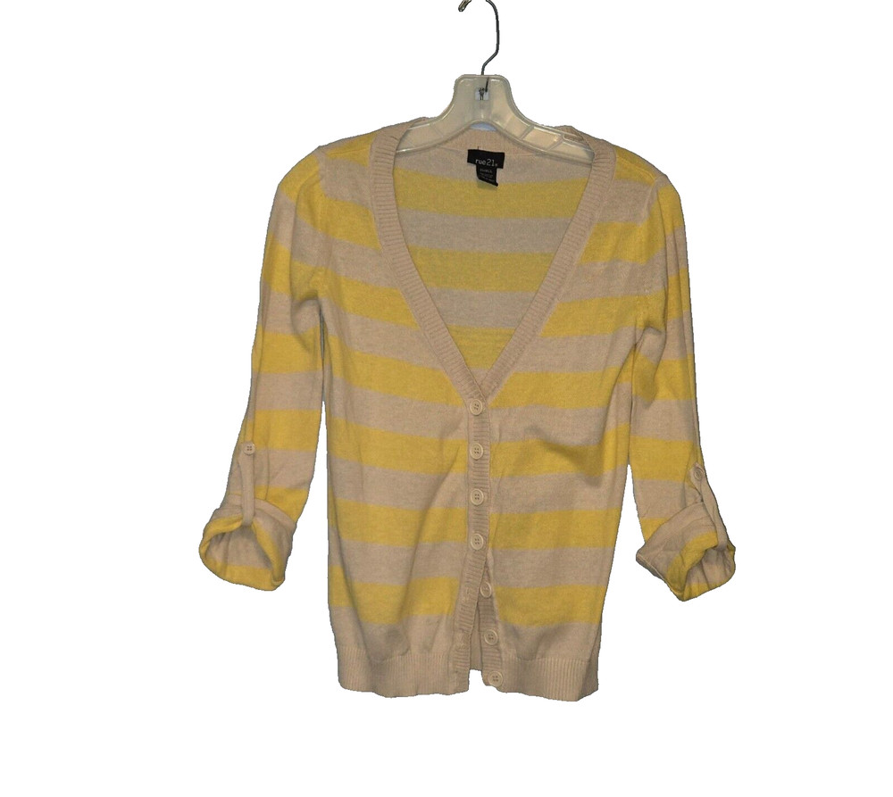 FOREVER 21 TAN YELLOW STRIPE 3/4 SLEEVE BUTTON V-NECK CARDIGAN SWEATER Size S