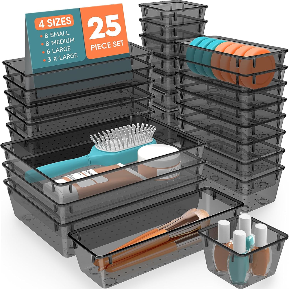 25-Piece Plastic Drawer Organizer Set with 4 Sizes for Versatile Storage