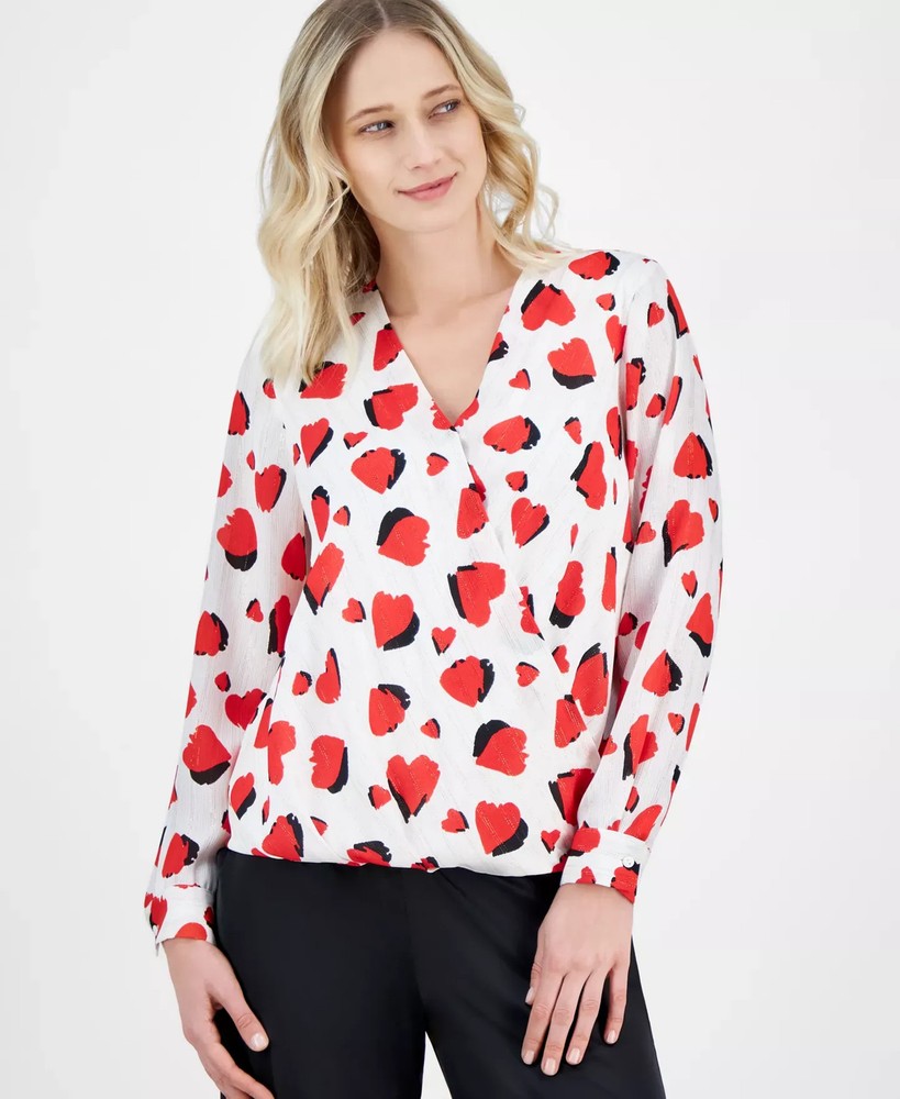 T Tahari Women's Top Sz XL Heart-Print Faux-Wrap Brght Wht
