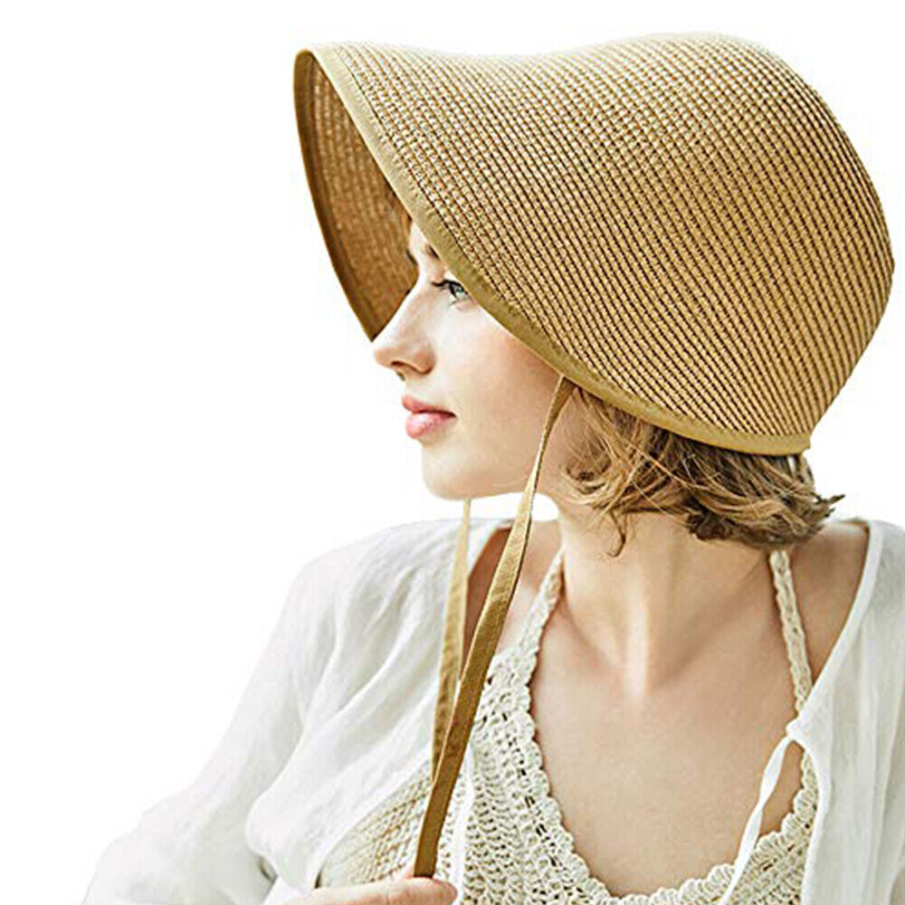 Sun Hat Chin Strap Foldable French Straw Bonnet Cap for Women Victorian
