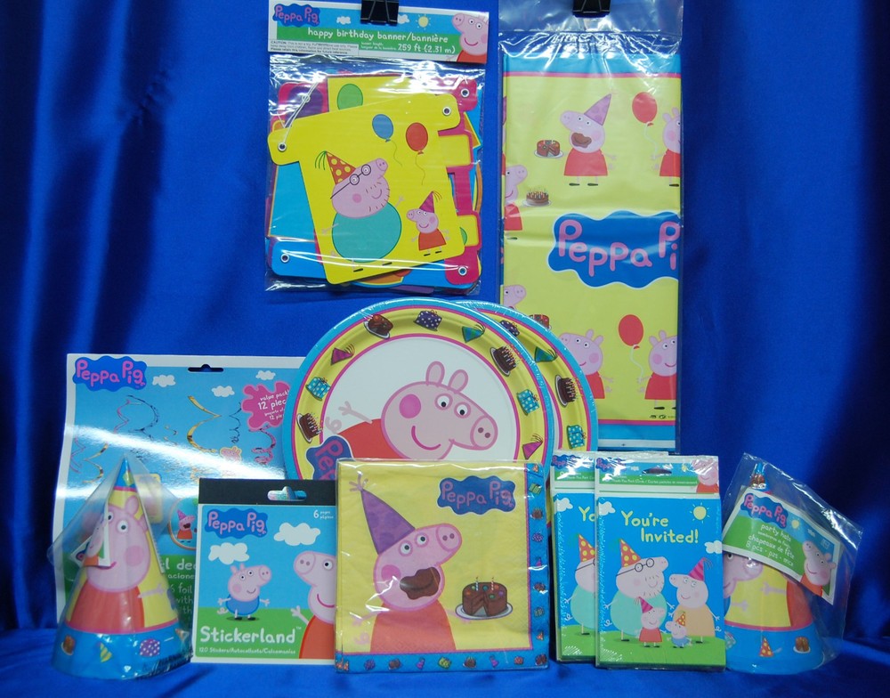 Peppa Pig Party Set # 16  PLates Tablecover Invites Hats Stickers Cake Topper