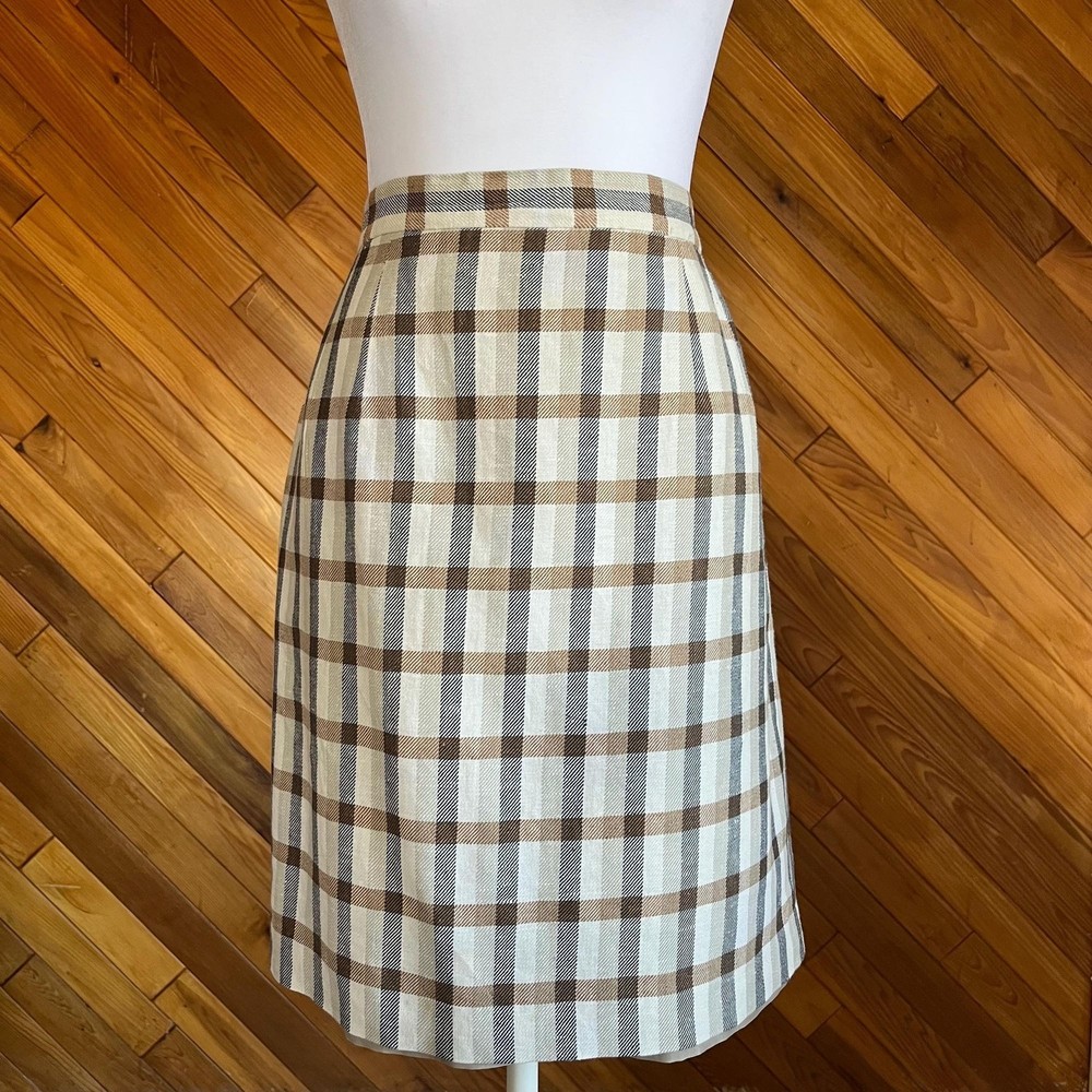 Vintage Cream Plaid Linen-Cotton Blend Pencil Skirt Elegant Tailored Style