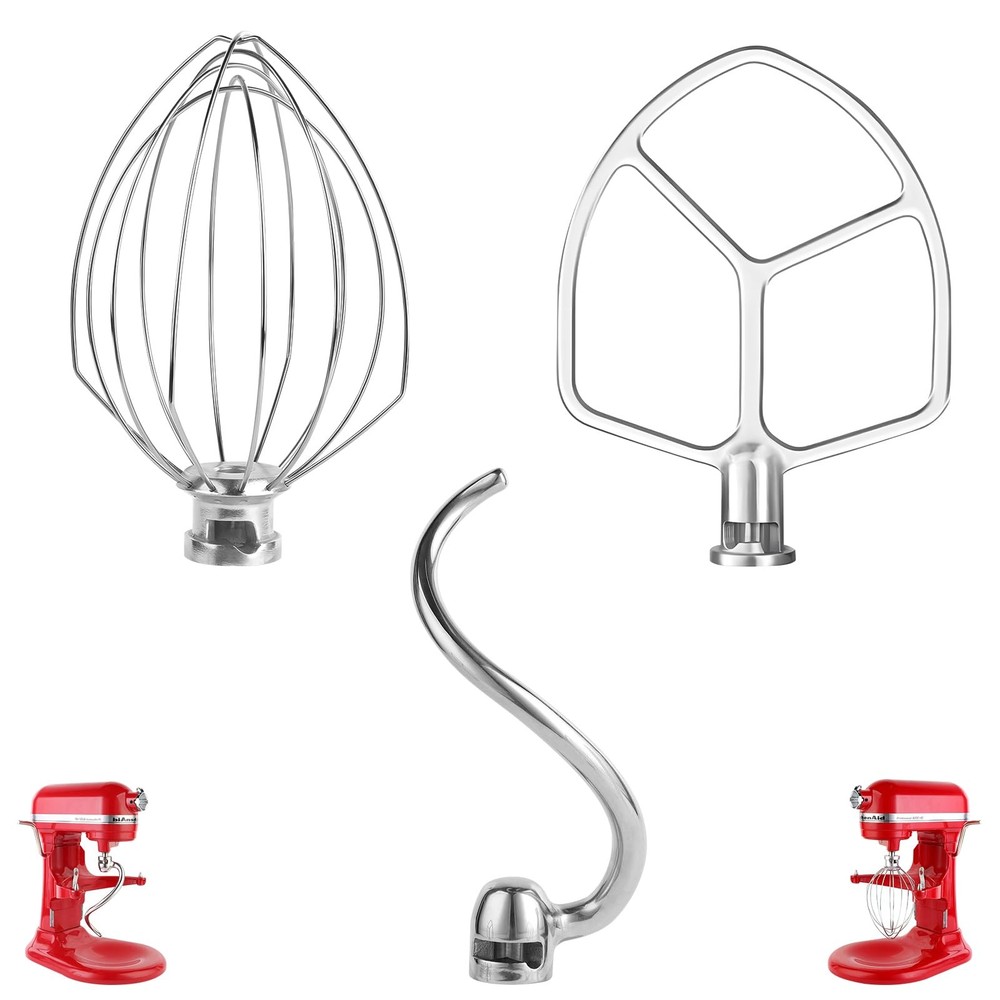 Stainless Steel 3-Piece Mixer Attachment Kit with Dough Hook Wire Whisk and Flat Beater