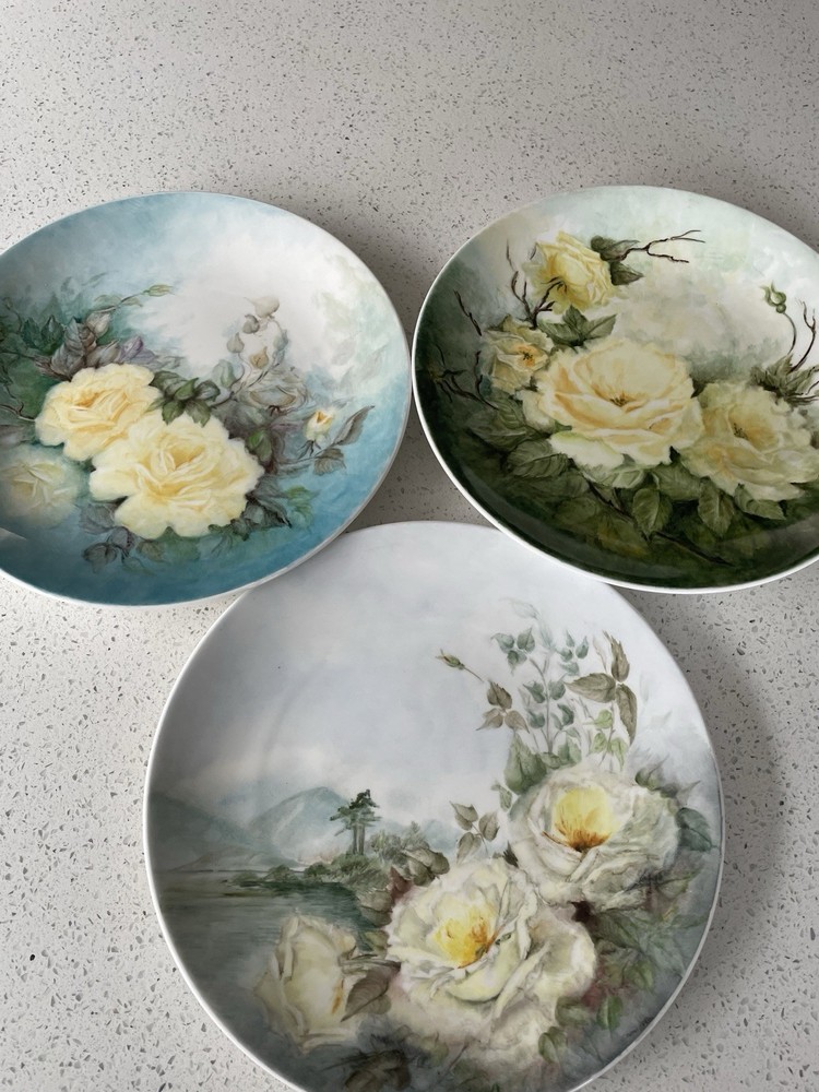 Trio of Floral Hand Painted Wall Plates