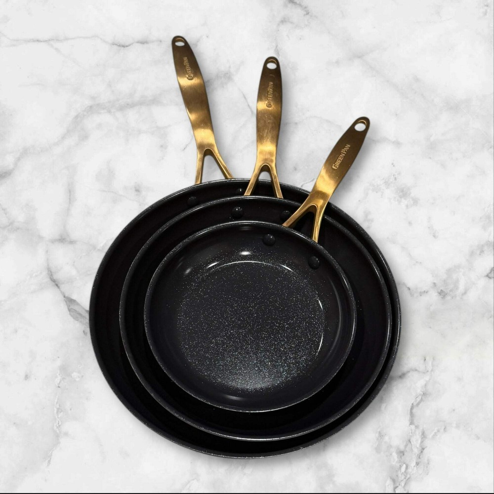 GreenPan Jewel 3-Piece Nonstick Fry Pan Set with Gold Handle for Even Cooking