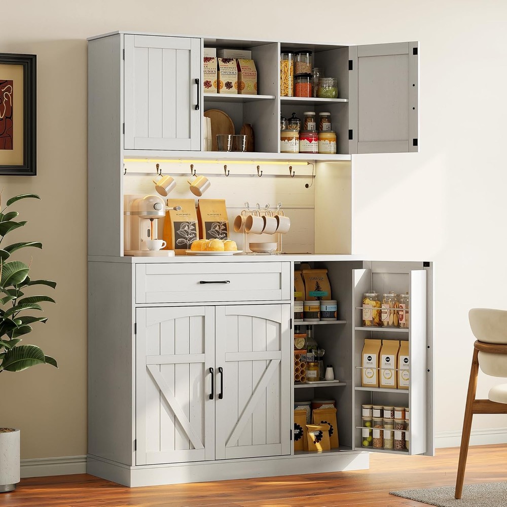 Tall Kitchen Pantry Cabinet with LED Light and Outlet for Storage