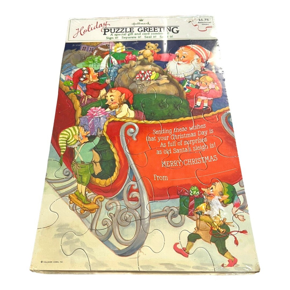 Vintage Hallmark Christmas Puzzle Greeting Card Santa Sleigh Elf - SEALED