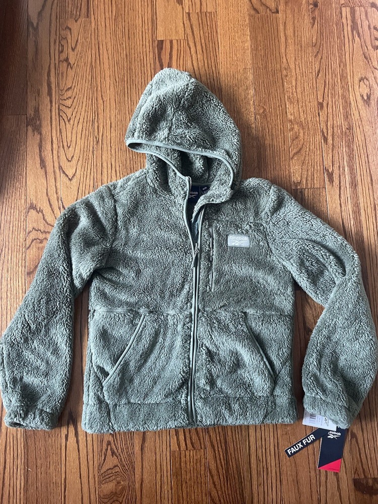 Reebok Women M Jacket Coat Faux Fur Hoodie Full Zip Fleece Sage NWT