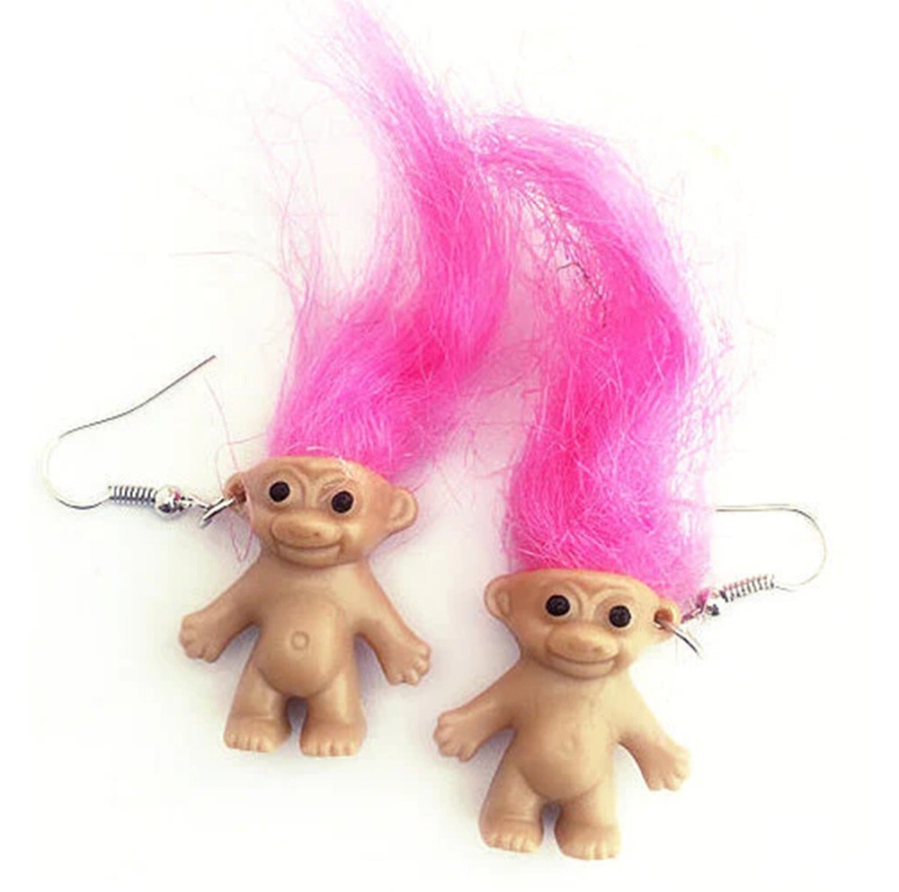 Cute Retro TROLL DOLL Funky EARRINGS Miniature Toy Kawaii Novelty Jewelry-PINK