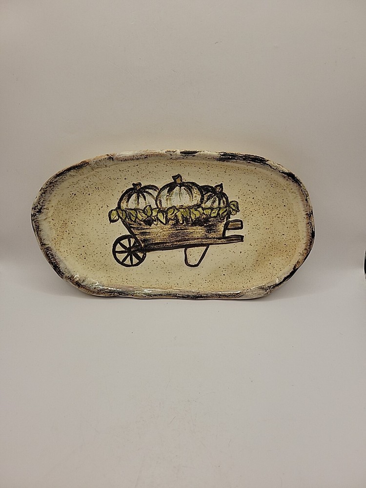 Authentic Etta B Pottery Rectangular Plate Fall Pumpkins Wheelbarrow Mississippi