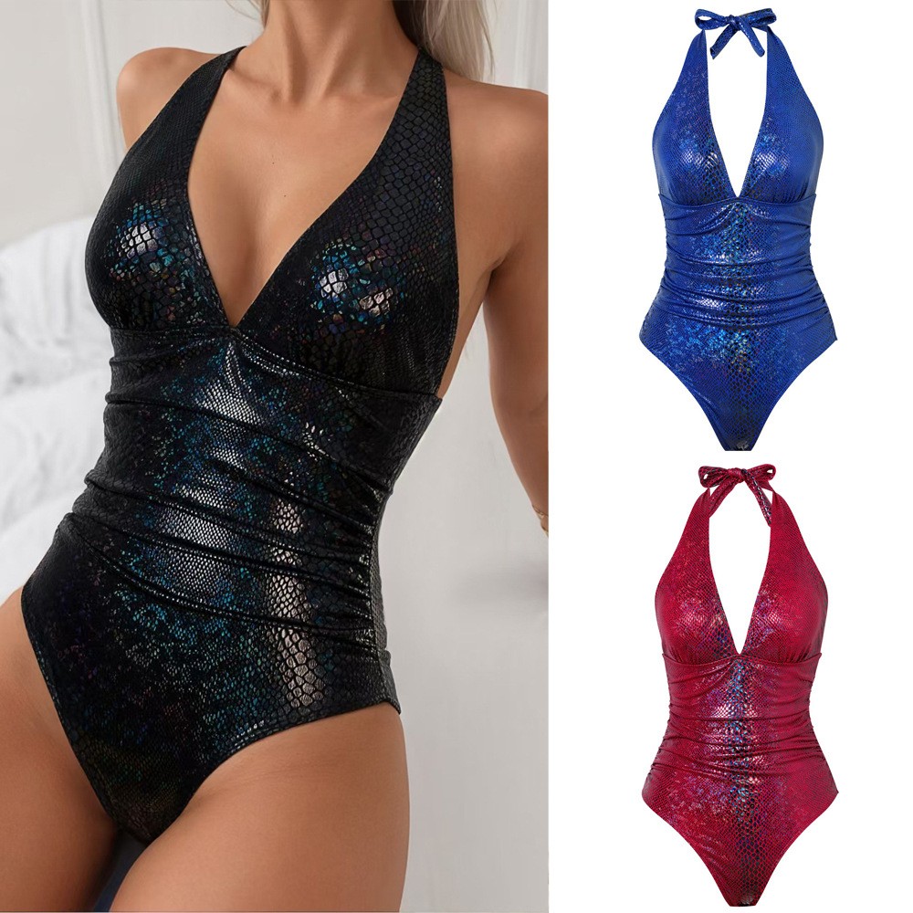 Sexy V-Neck One Piece Swimsuit Women Glitter Snakeskin High Waisted Bathing Suit