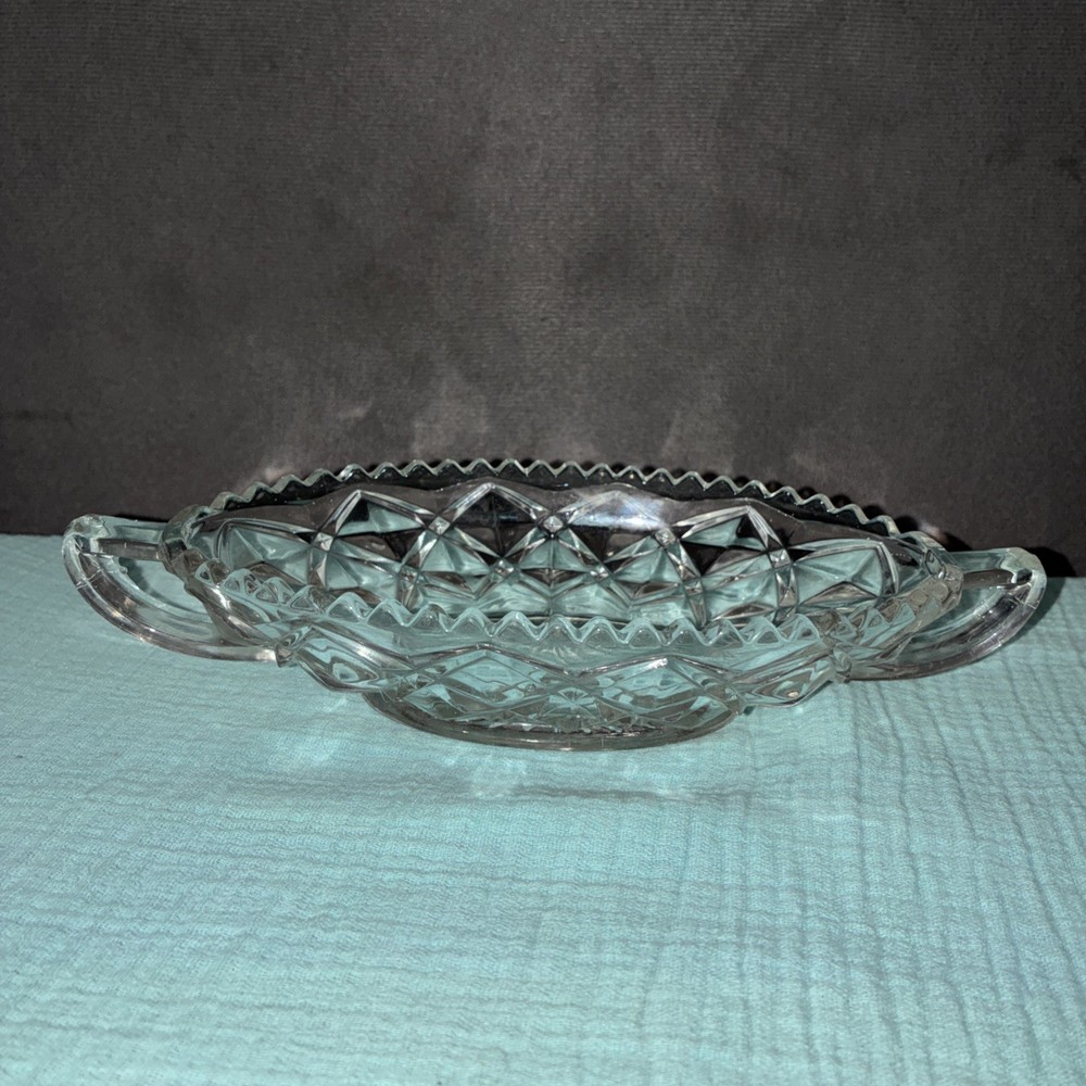 Vintage American Clear Glass Relish Celery Pickle Handled Oblong Dish
