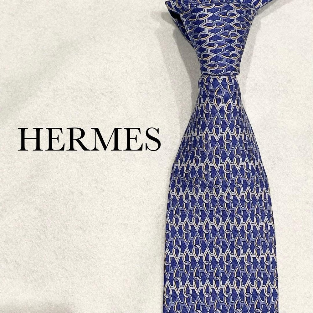 HERMES Necktie Tie Blue 100% Silk Used Geometric Made in France Men's Authentic