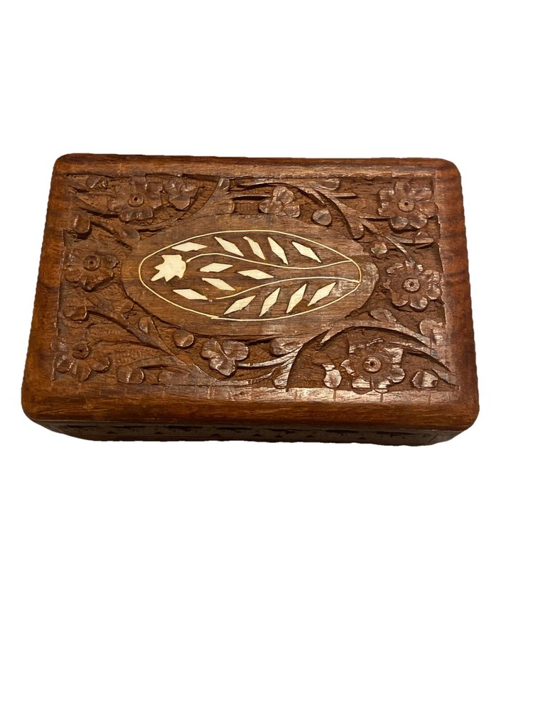 Handcrafted Sheesham Wood Jewelry Box with Floral Relief Carving & Pearl Inlay - 5x7 Trinket Storage